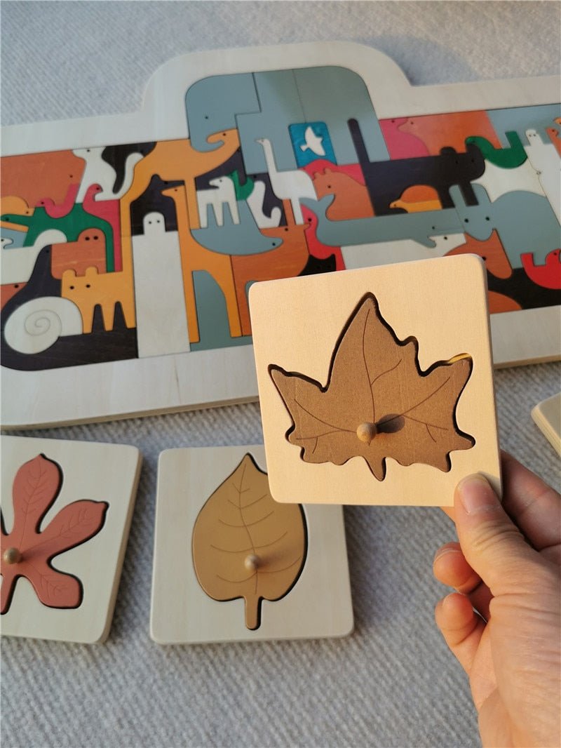 Montessori Wooden Noah's Ark Puzzle and Leaf Puzzles Set - Oliver & Company Montessori Toys