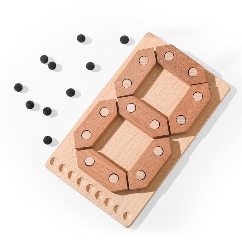 Montessori Wooden Number Board with wooden puzzle pieces and natural hair balls, designed to help children learn counting and develop fine motor skills.