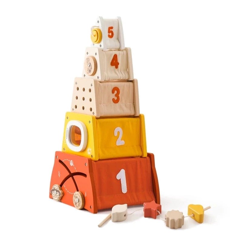 Montessori Wooden Rocket Toy with stackable wooden blocks and a threading game, designed for early learning and play, featuring a beaded mirror at the top.