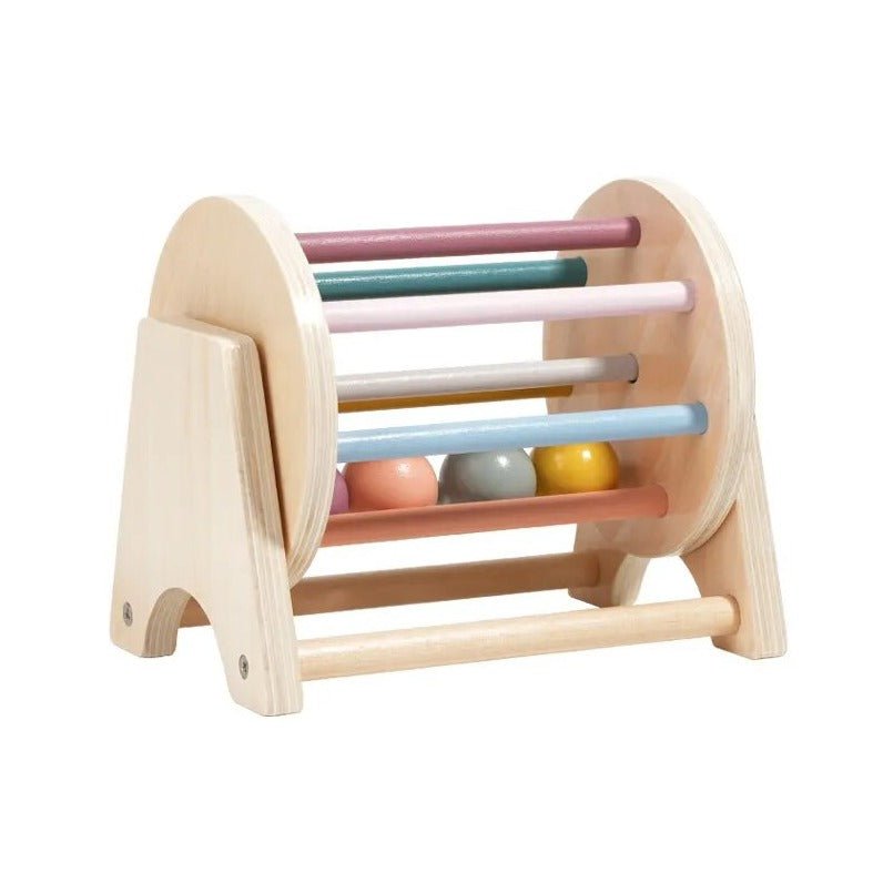 Montessori Wooden Rolling Ball Drum, a wooden toy with colorful balls, designed for early childhood education, enhancing hand-eye coordination and color recognition in babies.