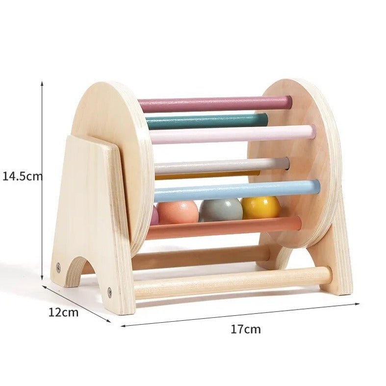 Montessori Wooden Rolling Ball Drum with colorful balls, designed to enhance early childhood education through color recognition and hand-eye coordination.