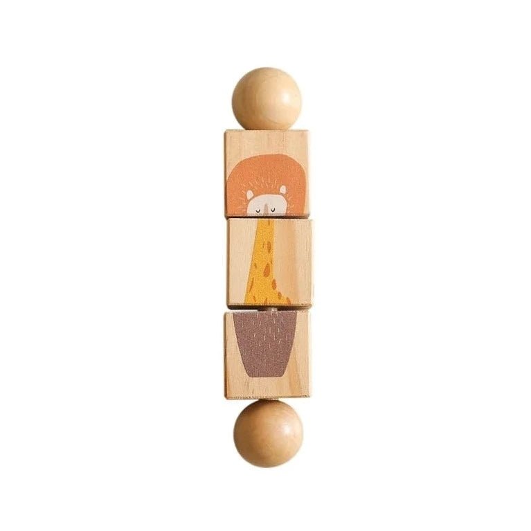 Montessori Wooden Rotating Animal Puzzle featuring wooden blocks with animal images, designed to enhance children's fine motor skills and cognitive development through interactive play.