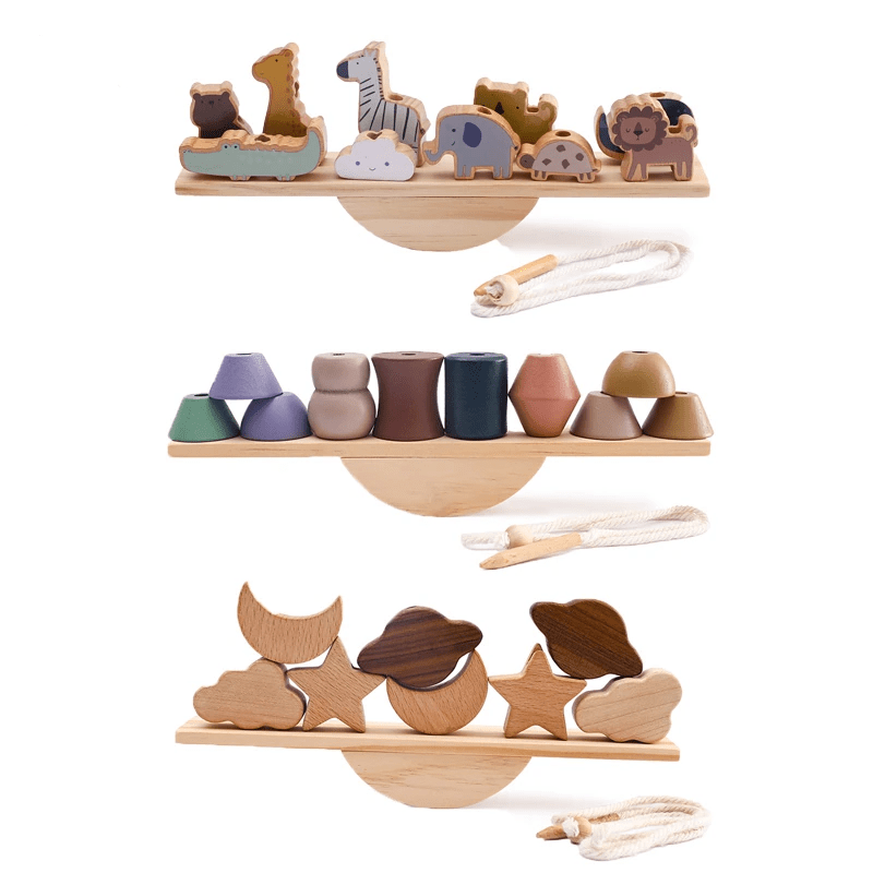 Montessori Wooden See-Saw Threading Toys on a shelf, featuring animal shapes for threading and balance, promoting early learning and imagination development in toddlers.