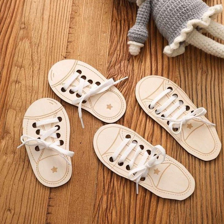 Montessori Wooden Shoelace Toy featuring two wooden soles and laces, designed for children to practice tying shoes and enhance fine motor skills.