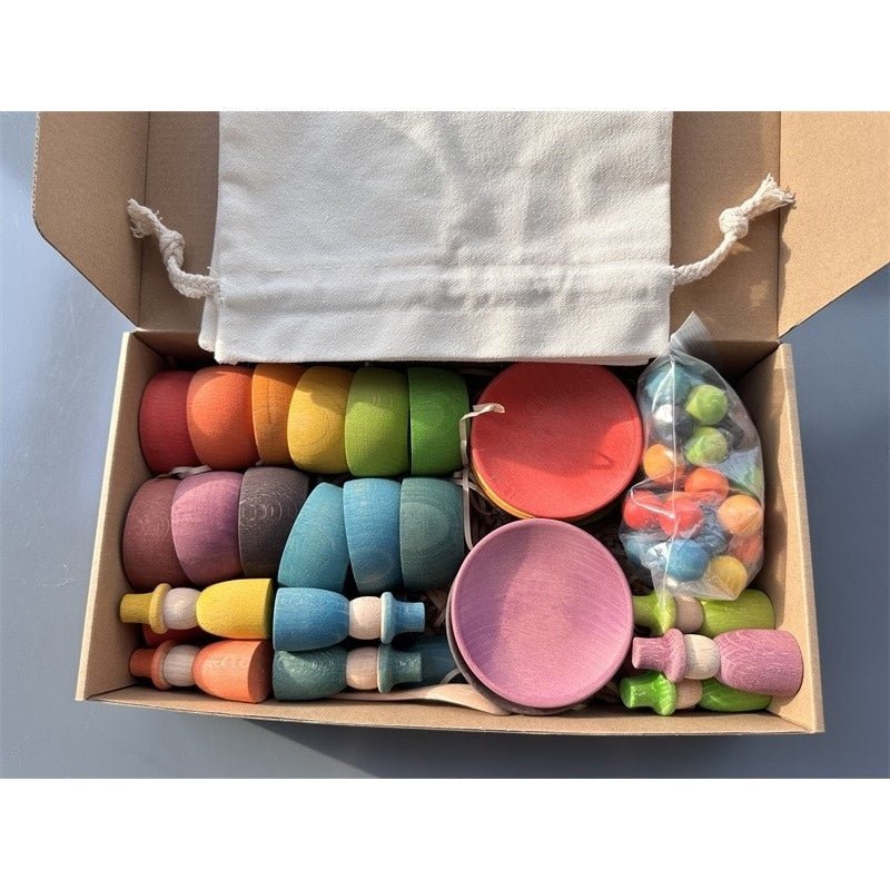 Montessori Wooden Sorting Set: Bowls, Dishes, Balls, Acorns, and Peg Dolls - Oliver & Company Montessori Toys