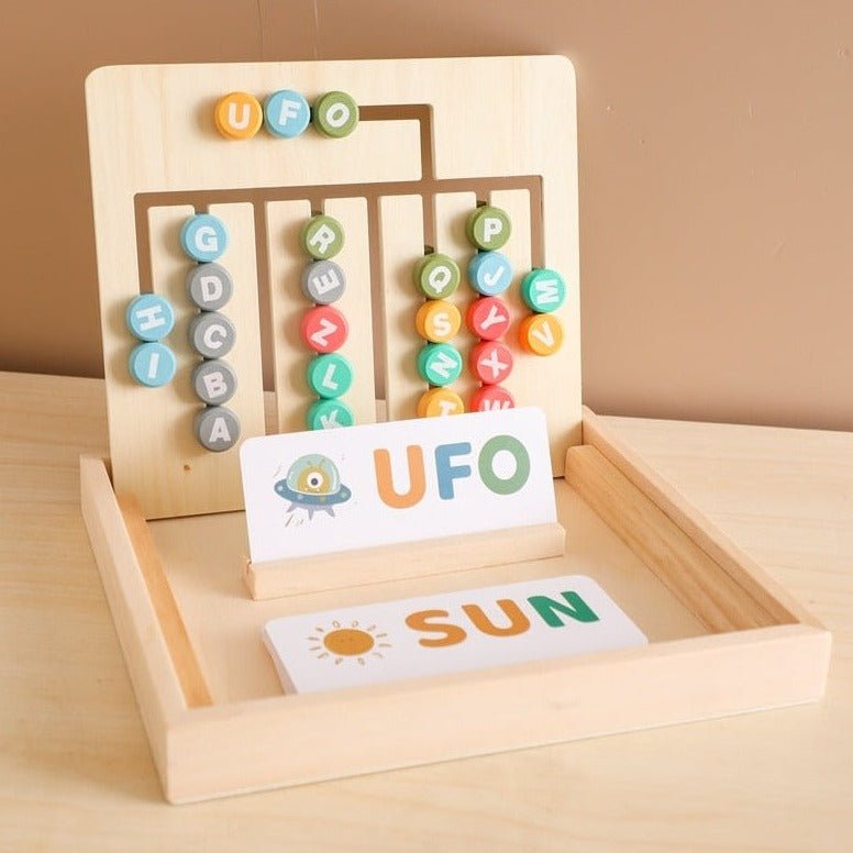 Montessori Wooden Spelling Board featuring wooden letters and cards, designed to enhance cognitive skills and pattern recognition in children.