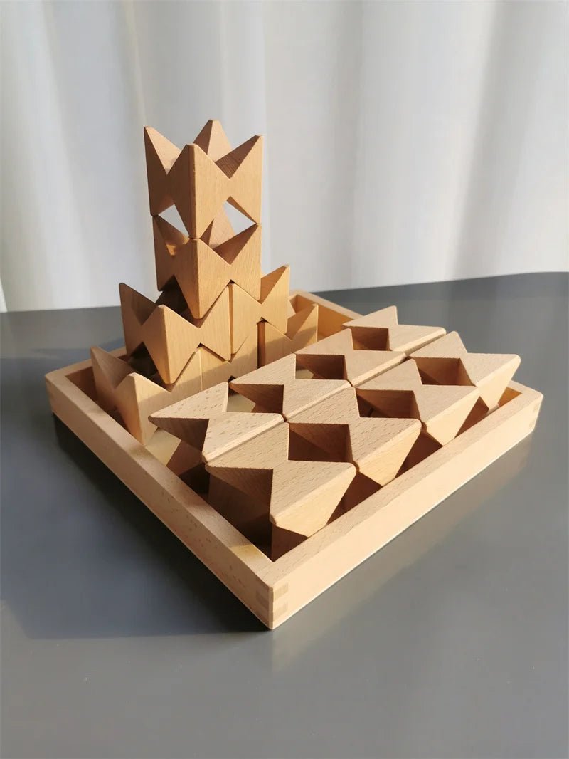 Montessori Wooden Stacking Butterfly Blocks arranged on a table, showcasing their hand-carved shapes designed for educational play and skill development.