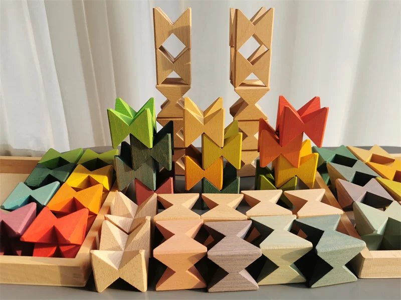 Montessori Wooden Stacking Butterfly Blocks, hand-carved from hardwood, designed for educational play, enhancing creativity and motor skills in children through stacking and balancing activities.