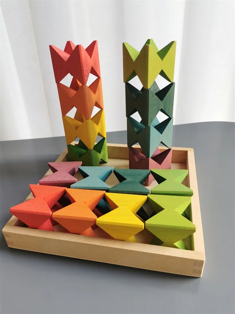 Montessori Wooden Stacking Butterfly Blocks, featuring hand-carved wooden pieces designed for educational play, enhancing creativity and motor skills in children.
