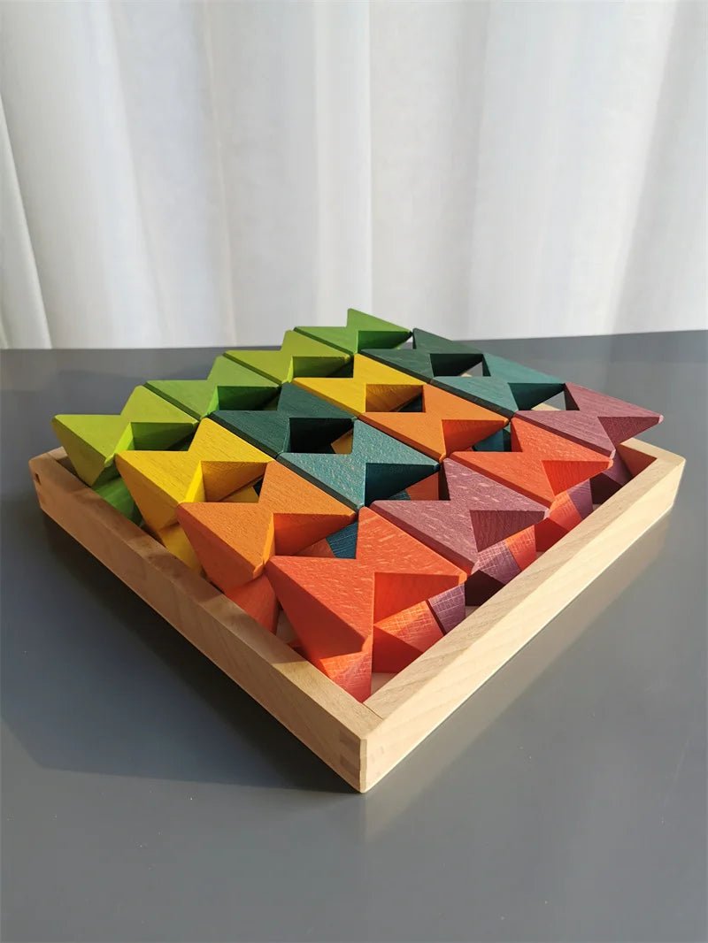 Montessori Wooden Stacking Butterfly Blocks in a wooden puzzle box, showcasing colorful hand-carved hardwood pieces designed for educational play and skill development.