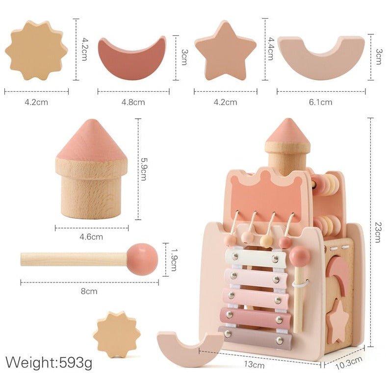 Montessori Wooden Toy Castle featuring a wooden structure with interactive elements like metal percussion, elastic rope, and mirror for toddlers' development and entertainment.
