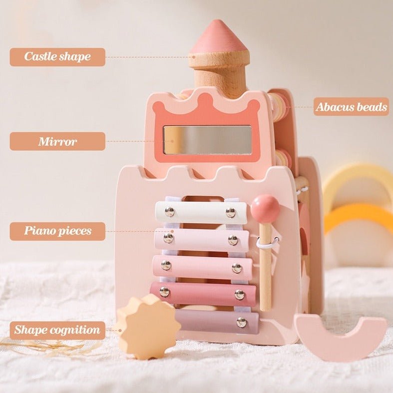 Montessori Wooden Toy Castle with a mirror and five interactive features, designed to enhance toddler development through play, touch, sight, and sound.