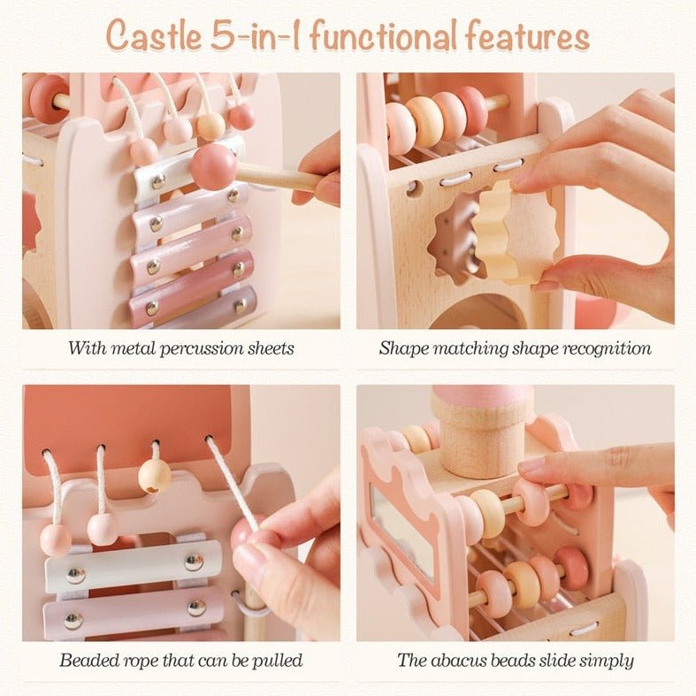 Montessori Wooden Toy Castle, a multifunctional wooden activity center for toddlers, featuring hands holding wooden pieces and engaging sensory elements like percussion pieces and shape throwers.