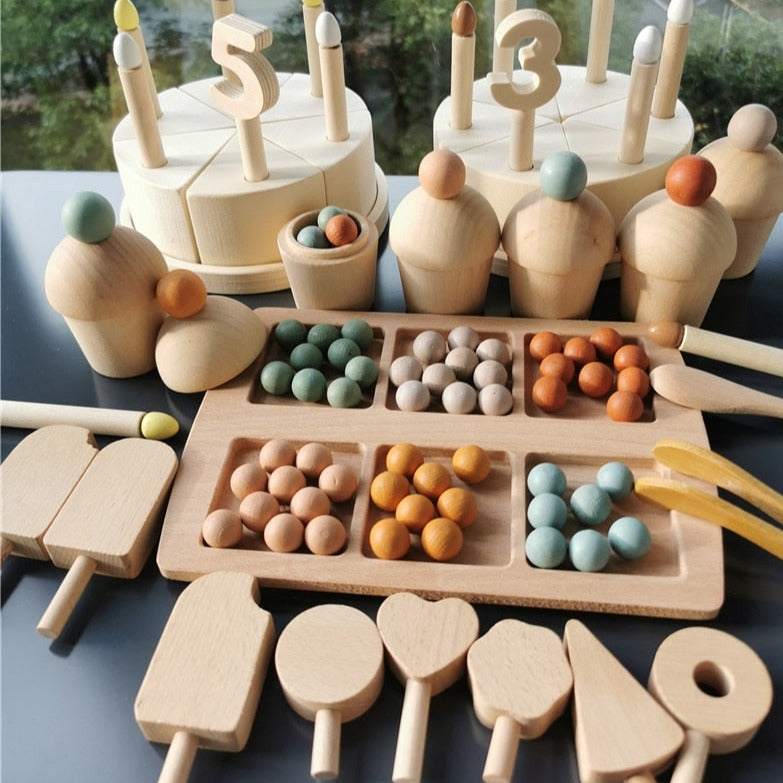 Montessori Wooden Toys: Sorting Cups, Popsicles, Waffles, Cake, Magnifier on a table, designed for imaginative play and cognitive development.
