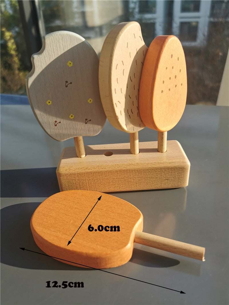 Montessori Wooden Toys: A wooden toy featuring different shapes, part of the Sorting Cups, Popsicles, Waffles, Cake, Magnifier collection, encouraging imaginative play and cognitive development.