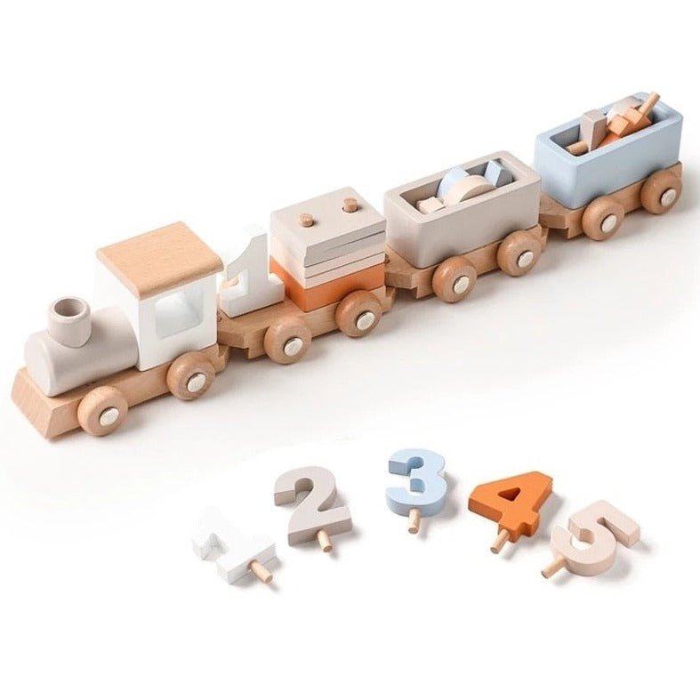 Montessori Wooden Train Set featuring a wooden toy train with numbered cars, designed for imaginative and educational play, ideal for children's developmental growth.