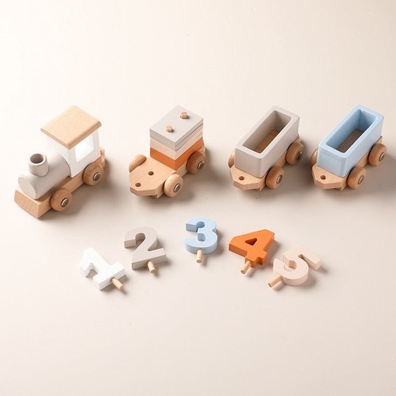 Montessori Wooden Train Set featuring wooden cars with educational activities, perfect for imaginative play and early learning from Oliver & Company Montessori Toys.