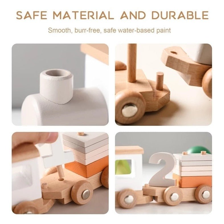 Montessori Wooden Train Set featuring various wooden activity cars for imaginative play, ideal for fostering creativity and learning in children of all ages.