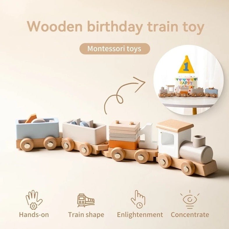 Montessori Wooden Train Set featuring a toy train with a number one birthday sign, perfect for imaginative and educational play for children.