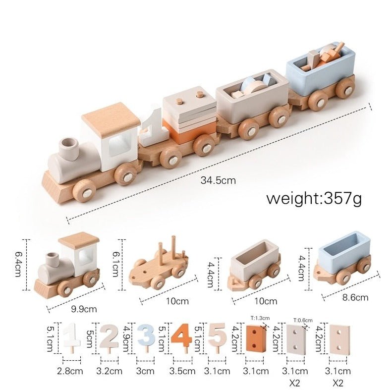 Montessori Wooden Train Set featuring various shaped cars with engaging wooden activities, ideal for imaginative and educational play for children, shown with a hand holding a component.