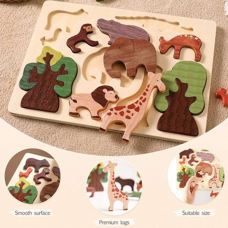 Montessori Wooden Wildlife Puzzle featuring animal shapes like giraffe and lion, designed to enhance cognitive skills and matching abilities in children.
