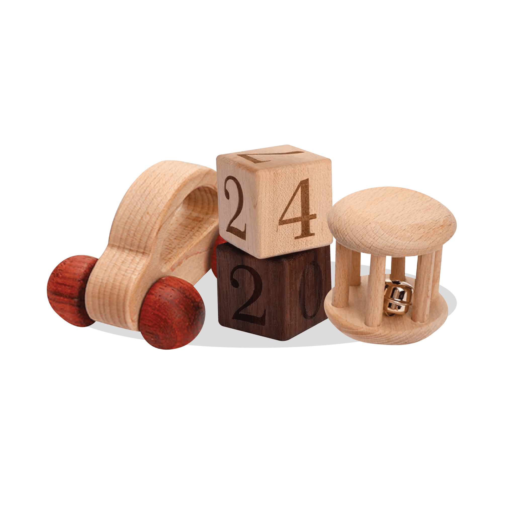 Gift Cards from Oliver & Company Montessori Toys with wooden educational toys, including blocks and a toy car, showcasing eco-friendly, creative play options for children.