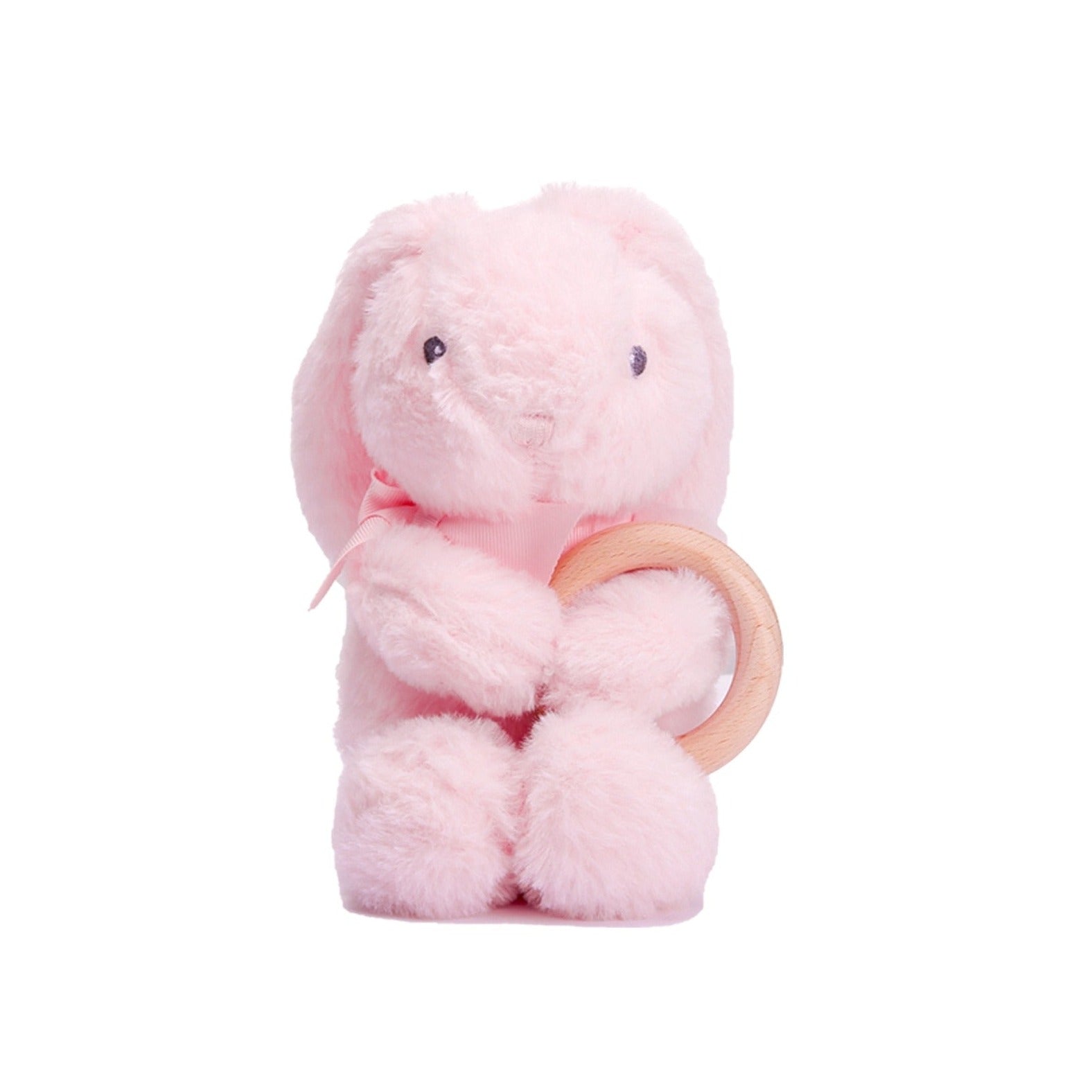 Soft Plush Bunny with Wooden Teether Ring - Oliver & Company Montessori Toys