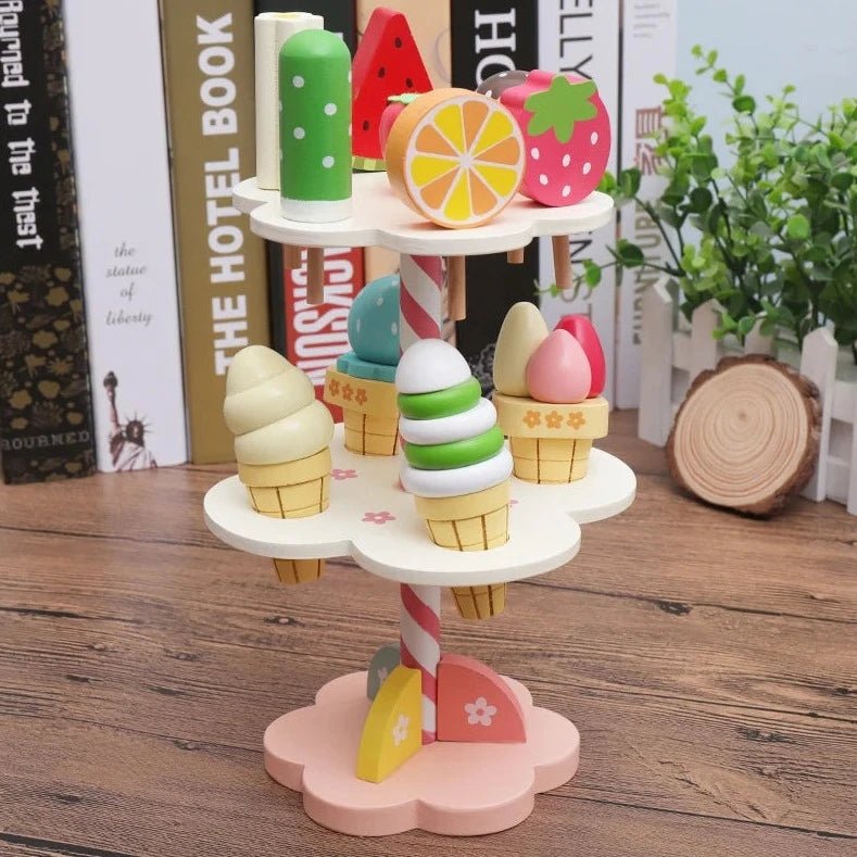 Strawberry Three-Layer Ice Cream Tree, a wooden toy stand with stackable ice cream scoops for imaginative play, perfect for enhancing creativity and independent play.
