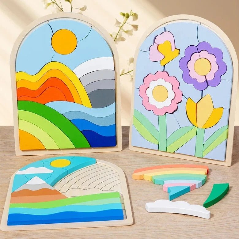 Sunny Shapes Wooden Puzzles featuring sun, mountains, and flowers, designed to enhance children's cognitive skills and shape recognition through engaging, educational play.