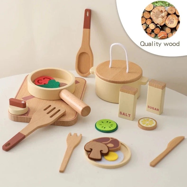 Wooden and Silicone Kitchenware Sets for Kids featuring a wooden toy kitchen set with utensils, promoting imaginative play and fine-motor skills.