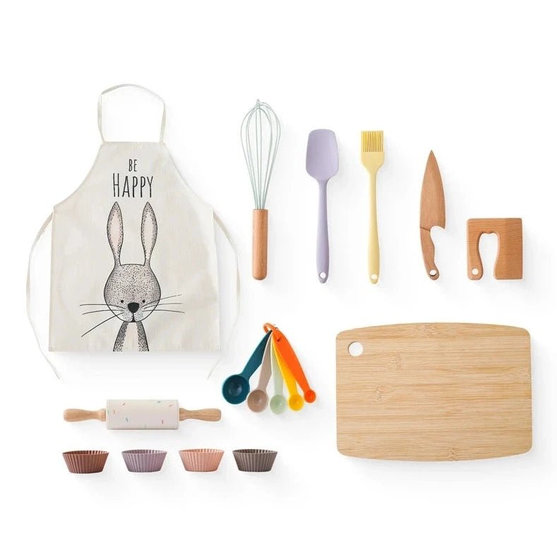 Wooden and Silicone Kitchenware Sets for Kids, featuring a blue measuring spoon and child art, designed for imaginative play and skill development.