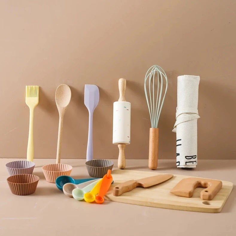 Wooden and Silicone Kitchenware Sets for Kids, featuring utensils and cupcake liners, designed for imaginative play and skill development.