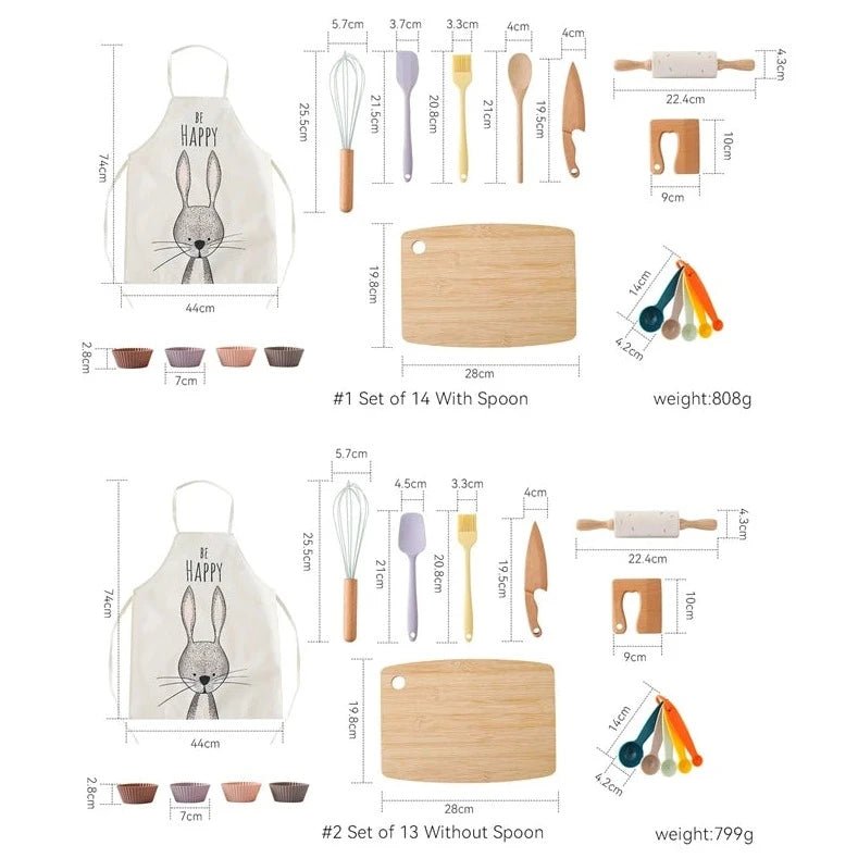 Wooden and Silicone Kitchenware Sets for Kids, featuring a rabbit apron and cutting board, fostering imaginative and motor skills through eco-friendly pretend play.