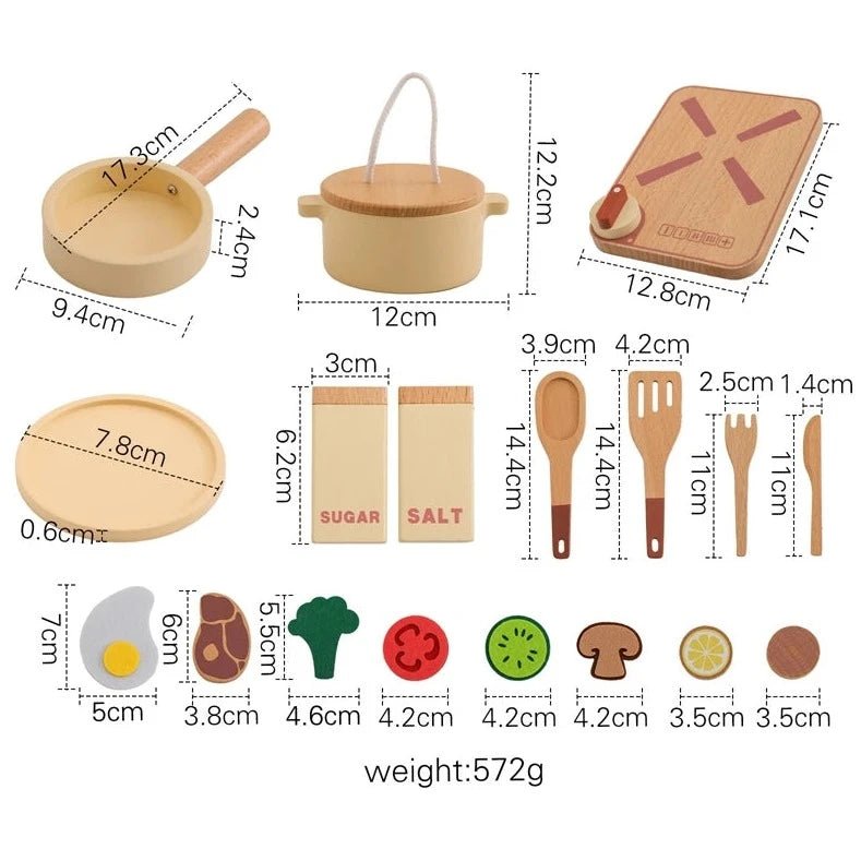 Wooden and Silicone Kitchenware Set for kids, featuring a toy kitchen with utensils like a pot, bowl, and cutting board for imaginative play.