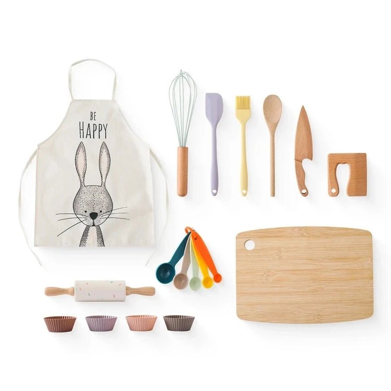 Wooden and Silicone Kitchenware Sets for Kids, featuring a blue measuring spoon, wooden board, and playful rabbit design, fostering creativity and imaginative play.