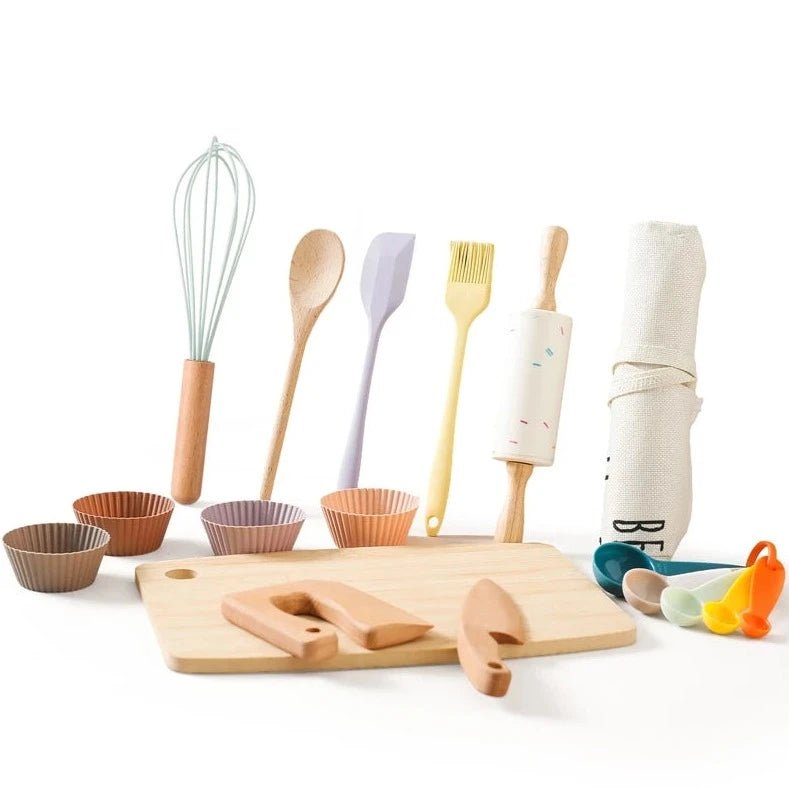 Wooden and Silicone Kitchenware Sets for Kids, featuring utensils, cutting board, and cupcake liners, designed for imaginative play and skill development.