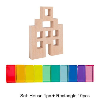 Wooden Dutch Houses and X Bricks with Lucite Cubes - Oliver & Company Montessori Toys