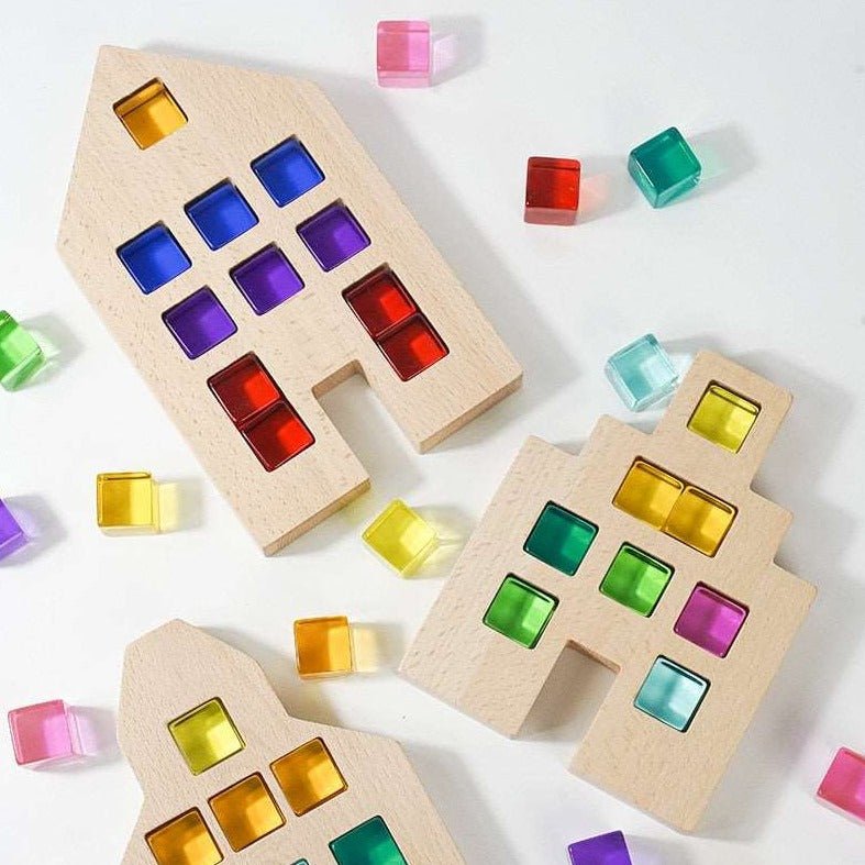 Wooden Dutch Houses and X Bricks with Lucite Cubes - Oliver & Company Montessori Toys