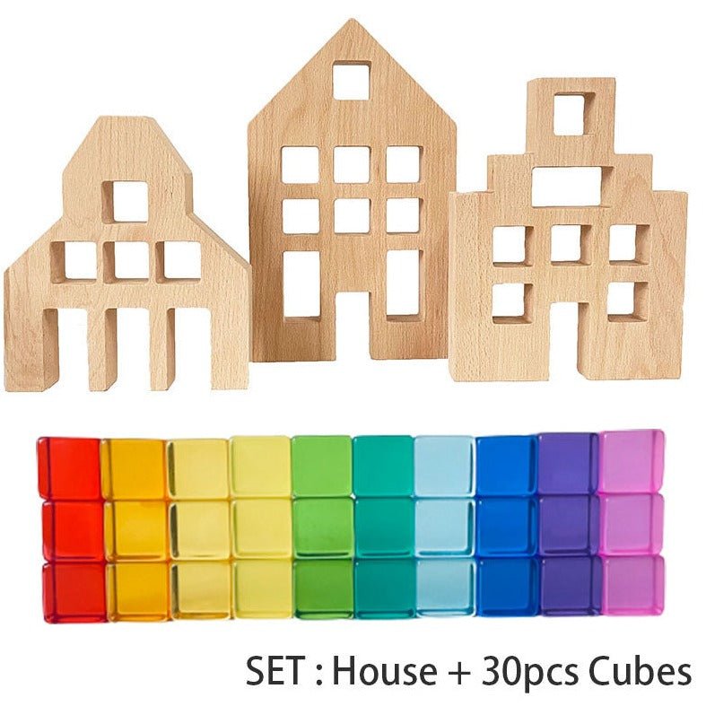 Wooden Dutch Houses and X Bricks with Lucite Cubes - Oliver & Company Montessori Toys