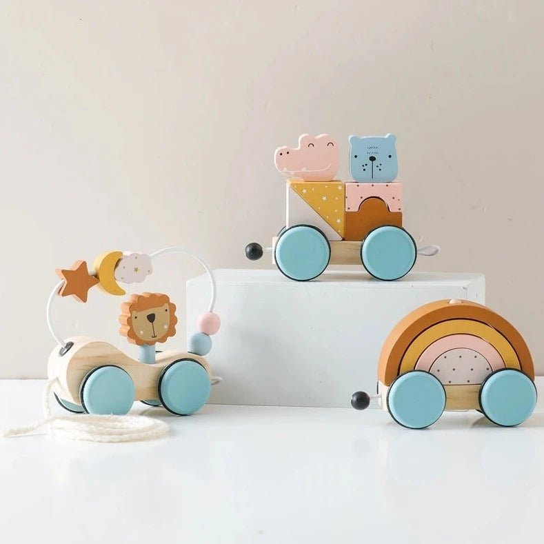 Wooden Montessori Block Toy Cars with wheels, featuring a toy train and animal, designed for imaginative play and cognitive skill development in children.