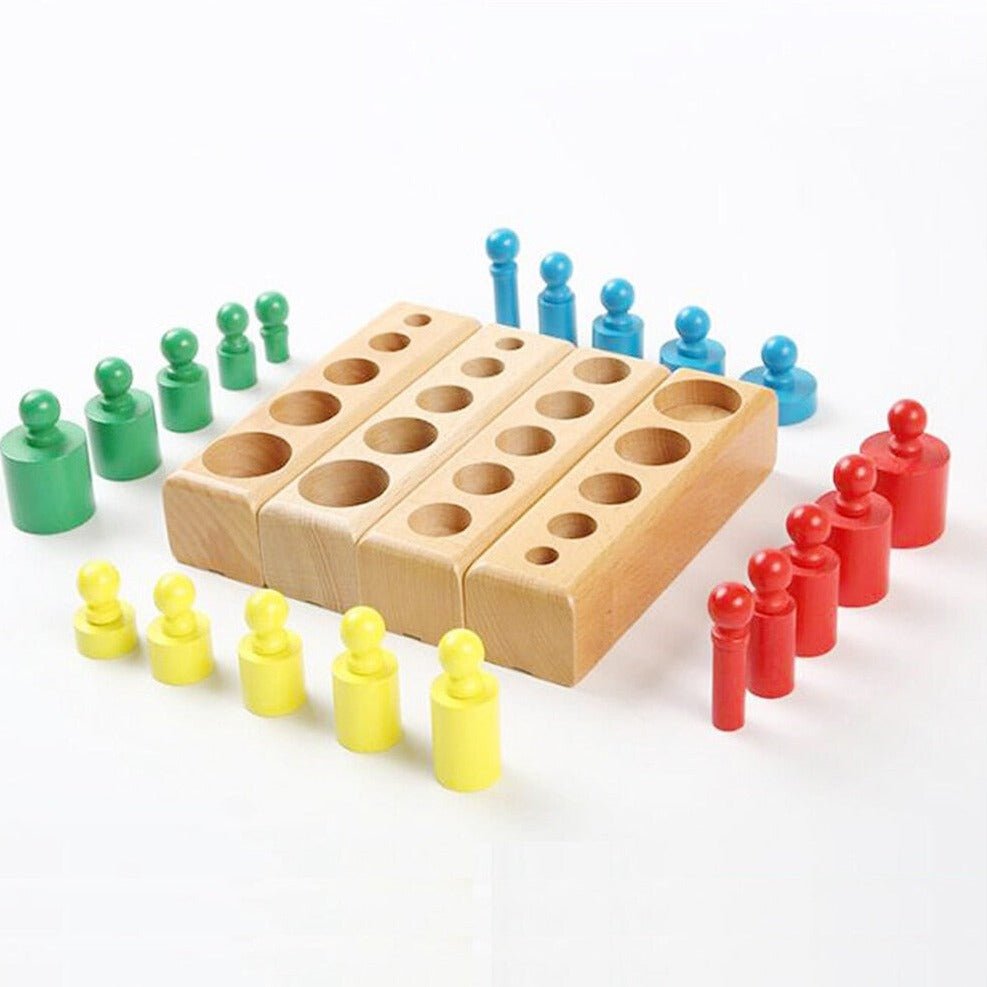 Wooden Montessori Cylinder Socket Set, featuring a wooden board with cylindrical blocks for hands-on learning of shapes and sizes, ideal for educational play.