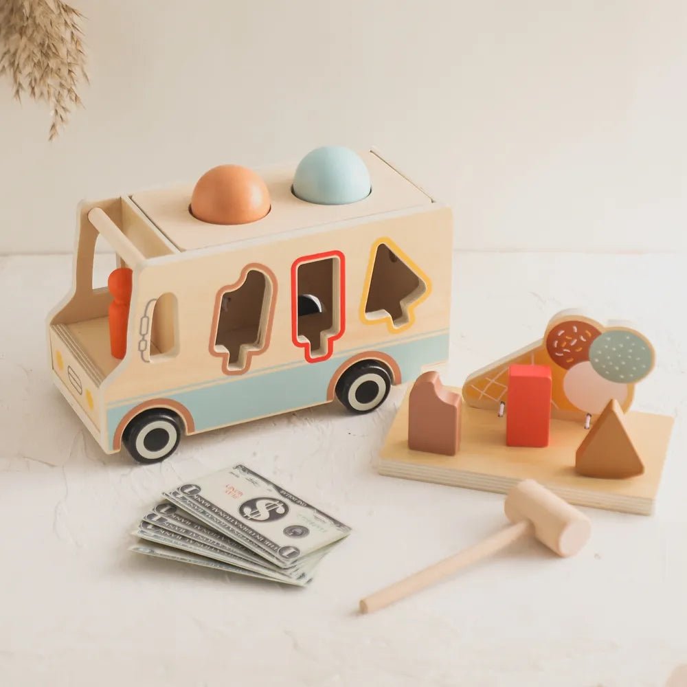 Wooden Montessori Ice Cream Truck toy, featuring a classic design, encourages creativity and hands-on learning, ideal for enhancing children's playtime in educational settings.