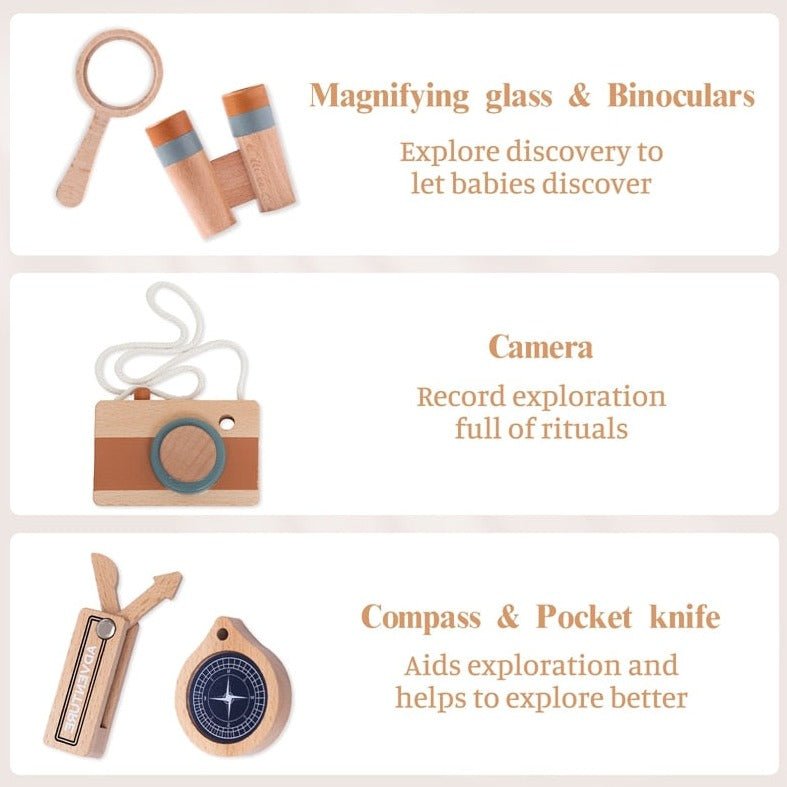 Wooden Montessori Outdoor Adventure Set featuring a slingshot, compass, and rope, designed to inspire nature exploration and learning for children.