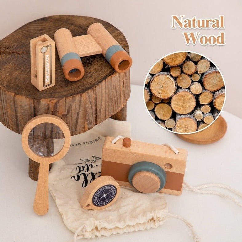 Wooden Montessori Outdoor Adventure Set featuring a wooden magnifying glass with a dog's face, part of a 5-piece educational toy collection from Oliver & Company Montessori Toys.