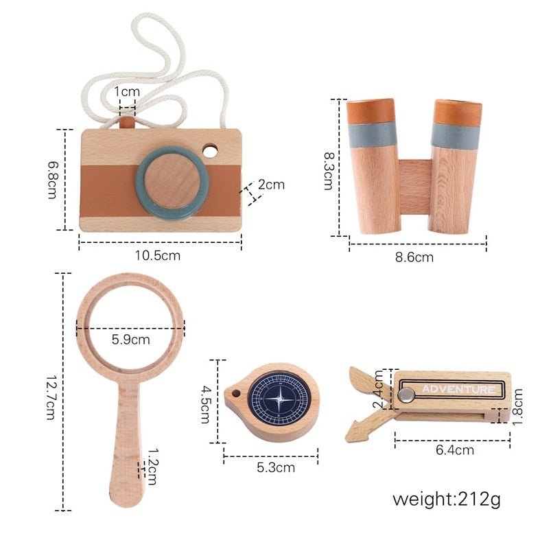Wooden Montessori Outdoor Adventure Set featuring a wooden compass, magnifying glass, and other exploration tools for children to discover nature.