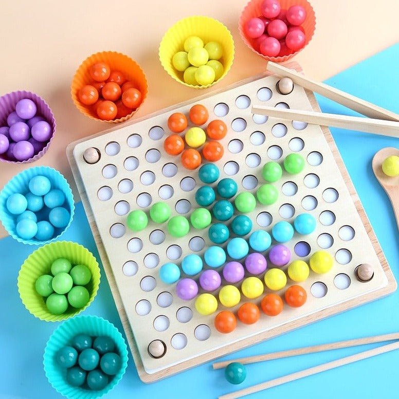 Wooden Montessori Rainbow Color Sorting & Matching Games -2-Sets featuring colorful beads, chopsticks, and a board, promoting early learning through sorting and matching activities.