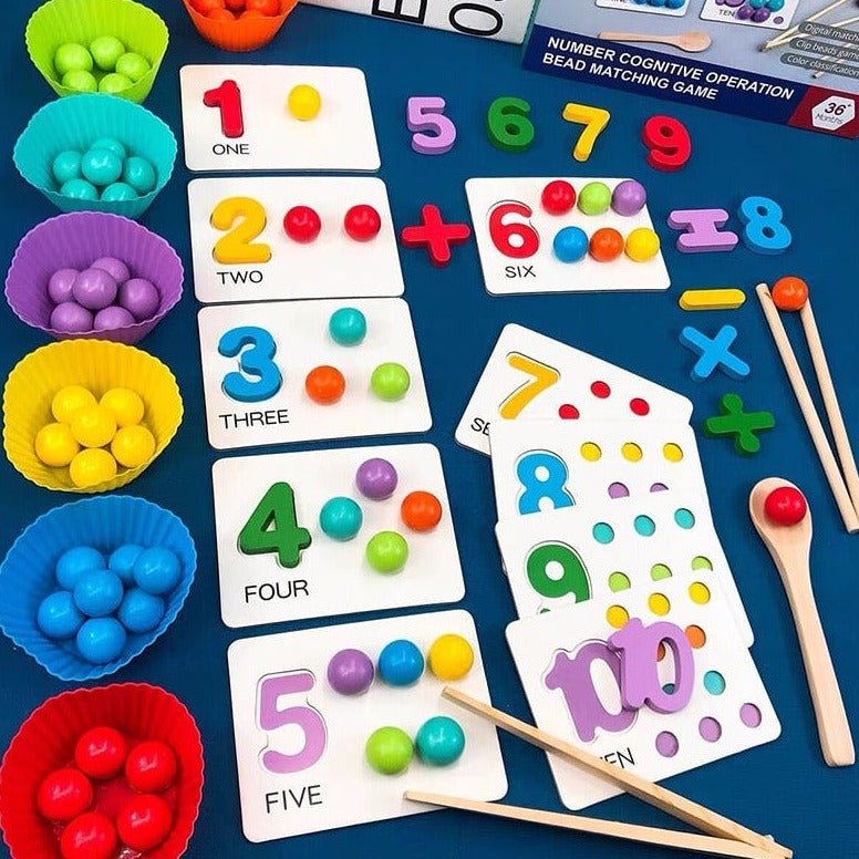 Wooden Montessori Rainbow Color Sorting & Matching Games -2-Sets featuring colorful beads, bowls, and tools for skill development and parent-child interaction.