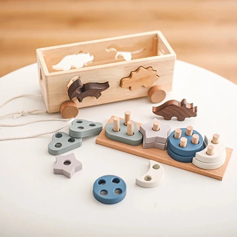 Wooden Shape Matching Learning Toy featuring animal-themed pull toys on wheels, designed for stacking and sorting to enhance children's hand-eye coordination and problem-solving skills.