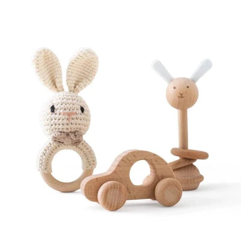 Woodland Friends Crochet and Wood Rattle Set - Oliver & Company Montessori Toys