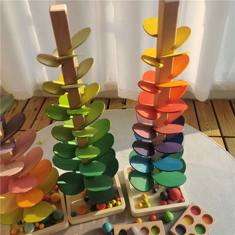 Montessori Wooden Rainbow Music Sounding Trees and Marble Run Balls and Trays